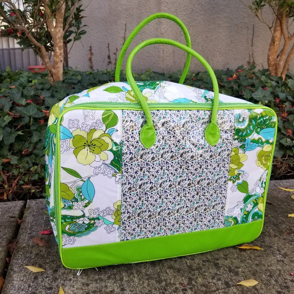 Vintage Reproduction Chartreuse Green Floral Hippie Suitcase Vinyl Mod Flowers